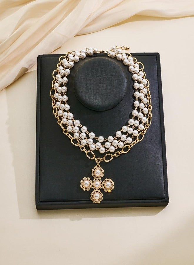 FAUTHENTICUTE Pearl Cross Necklace for Women Layered Rosary Pearl Chain With A Large Cross Pendant Halloween Goth Necklace Gift - Image 4